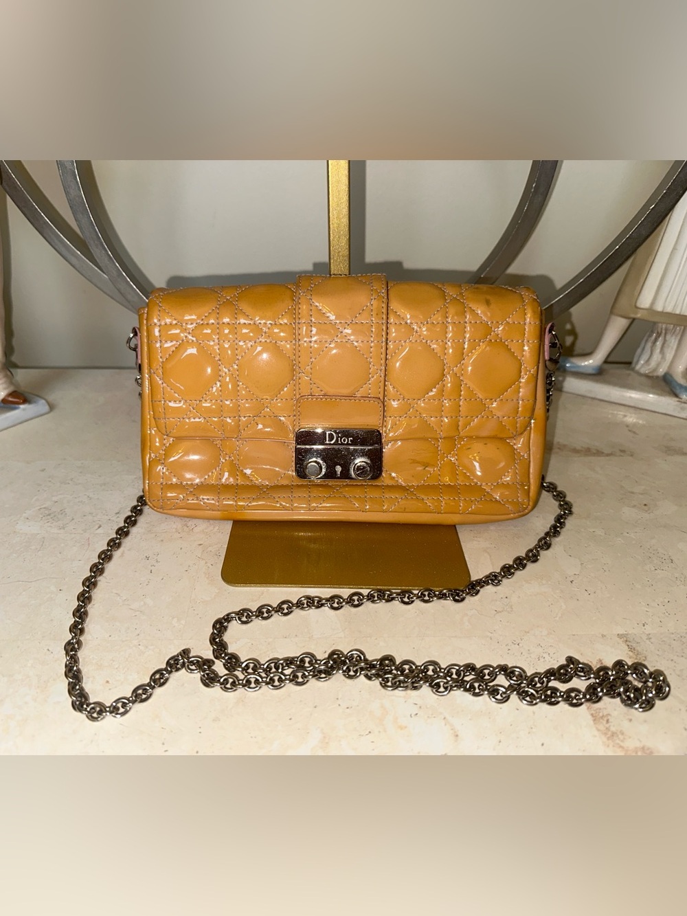 Dior Quilted Patent Leather Crossbody Bag in Mustard